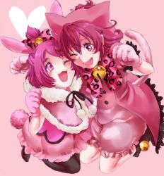 Rule 34 | 2girls, ;d, aida mana, animal ears, bad id, bad pixiv id, bell, black legwear, bow, rabbit ears, rabbit tail, cat ears, cat tail, dokidoki! precure, eye contact, flipped hair, full body, half updo, jingle bell, looking at another, mirrrrr, multiple girls, one eye closed, open mouth, panther pink (precure), pantyhose, paw pose, personification, pink background, pink bow, pink eyes, pink hair, pink skirt, pink theme, precure, ribbon, sharuru (dokidoki! precure), sharuru (dokidoki! precure) (human), shawl, shoes, short hair, skirt, smile, tail, thighhighs