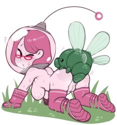 Rule 34 | 1girl, all fours, anal, ass, ass juice, bestiality, black eyes, blush, boots, breasts, brittany (pikmin), bug, eyelashes, glasses, gloves, grass, heavy breathing, inverted nipples, large breasts, mini person, minigirl, nintendo, nipples, nude, pikmin (series), pikmin 3, pink hair, plump, pussy, sagging breasts, sarikyou, short hair, solid oval eyes, spacesuit, thigh boots, uncensored, wings
