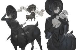 Rule 34 | 1boy, animal, animal ears, black capelet, black fur, black hair, black headwear, black horns, black shirt, capelet, centauroid, chibi, chibi inset, cindymeimezu, collared capelet, feet out of frame, goat, goat boy, goat ears, goat horns, goat tail, hair over one eye, hand on headwear, hands up, high collar, highres, holding, holding animal, hooves, horns, long sleeves, looking at animal, male focus, monster boy, multiple views, muted color, original, shirt, short hair, simple background, smile, sparkle, standing, taur, umbrella, upper body, white background