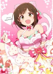 1girl arm_garter bare_shoulders bell blush bow breasts brown_hair cat_tail choker cleavage clenched_hand dated dot_nose dress dress_bow earrings fake_tail fang fishnet_gloves fishnets floral_print flower gloves green_eyes hair_bow hair_ribbon hand_up happy_birthday heart highres idolmaster idolmaster_cinderella_girls idolmaster_cinderella_girls_starlight_stage jewelry jingle_bell kidachi large_breasts layered_dress light_particles looking_at_viewer maekawa_miku multicolored_clothes multicolored_dress neck_bell neck_ribbon open_mouth pink_background pink_flower pink_ribbon pink_rose polka_dot polka_dot_dress print_dress red_ribbon ribbon rose rose_print short_hair sleeveless sleeveless_dress smile solo sparkle star_(symbol) starry_background tail two-tone_ribbon white_choker