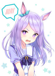 Rule 34 | 1girl, animal ears, blouse, blue bow, blush, bow, collarbone, commentary request, embarrassed, floating hair, hair bow, highres, horse ears, horse girl, horseshoe, long hair, looking at viewer, mejiro mcqueen (umamusume), open mouth, parted bangs, pleated skirt, puffy short sleeves, puffy sleeves, purple bow, purple eyes, purple hair, purple shirt, school uniform, serafuku, shirt, short sleeves, skirt, solo, spoken blush, star (symbol), starry background, sweatdrop, tomo (tmtm mf mf), umamusume, upper body, v-shaped eyebrows, v arms, white background, white skirt