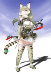 Rule 34 | 1girl, absurdres, animal costume, animal ear fluff, animal ears, bare shoulders, bow, cat ears, cat girl, cat tail, extra ears, fingerless gloves, gloves, green eyes, grey hair, highres, jungle cat (kemono friends), kemono friends, kemono friends v project, kneehighs, long hair, matatabi717, microphone, multicolored hair, ribbon, scarf, shirt, shoes, simple background, skirt, socks, solo, suspenders, tail, twintails, virtual youtuber, weapon