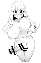 Rule 34 | 1futa, blush, bouncing breasts, breasts, censored, cheong, collarbone, futanari, grin, hands on own hips, huge breasts, large breasts, large penis, long hair, monochrome, navel, nipples, nude, otonashi (otonashi5959), penis, pointy ears, smile, solo, standing, sweat, testicles, unaligned breasts, what happens inside the dungeon