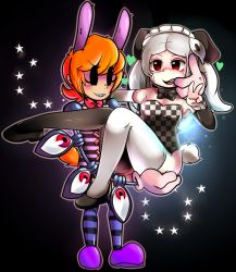 Rule 34 | 2girls, animal ears, arm around neck, bad id, bad pixiv id, black background, bloody marie (skullgirls), blush, bow, bowtie, captain kirb, collaboration, dog ears, extra eyes, eye socket, finger in another&#039;s mouth, gloves, hair ornament, heart, highres, holding, magicalchan, maid headdress, mechanical arms, multiple girls, orange hair, peacock (skullgirls), rabbit ears, red eyes, red hair, sharp teeth, shirt, short hair, skullgirls, socks, star (symbol), striped clothes, striped legwear, striped shirt, striped socks, sweat, tail, teeth, thighhighs, twintails, white gloves, white legwear