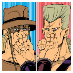 Rule 34 | 2boys, blonde hair, collarbone, collective-mind, comic, commentary request, cowboy hat, crosshatching, earrings, finger in another&#039;s nose, flattop, grey hair, hat, hatching (texture), hol horse, jean pierre polnareff, jewelry, jojo no kimyou na bouken, long hair, male focus, multiple boys, silent comic, stardust crusaders