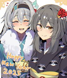 2025 2girls alternate_costume aqua_kimono black_hairband black_kimono blush closed_eyes closed_mouth commentary english_commentary firefly_(honkai:_star_rail) flower fur-trimmed_kimono fur_trim grey_hair hair_between_eyes hair_flower hair_intakes hair_ornament hairband happy_new_year highres hinghoi honkai:_star_rail honkai_(series) japanese_clothes kimono long_hair looking_at_viewer multiple_girls new_year obi obijime open_mouth print_kimono sash simple_background smile stelle_(honkai:_star_rail) trailblazer_(honkai:_star_rail) two-tone_background upper_body yellow_eyes