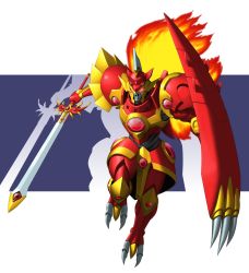 Rule 34 | 0-sum, charging forward, fire, glowing, glowing eyes, highres, holding, holding sword, holding weapon, looking at viewer, magic knight rayearth, mecha, rayearth (character), red eyes, robot, shield, solo, sword, weapon