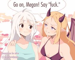 Rule 34 | 2girls, antenna hair, bare shoulders, bikini, bikini top only, blonde hair, blue eyes, blue tank top, blush, borrowed character, brown bikini, brown eyes, brown wings, closed mouth, collarbone, commission, demon girl, demon horns, demon wings, english text, eye contact, hand on another&#039;s shoulder, horns, long hair, looking at another, multiple girls, numbers (pigpenandpaper), original, parted bangs, parted lips, pointy ears, profanity, speech bubble, sweat, swimsuit, tank top, white hair, wings