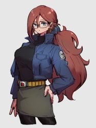 Rule 34 | 1girl, android 21, black shirt, blue eyes, breasts, closed mouth, cosplay, dragon ball, dragon ball fighterz, dragonball z, earrings, glasses, grey background, hair between eyes, hand on own hip, hoop earrings, jewelry, kemachiku, long hair, looking at viewer, medium breasts, pantyhose, ponytail, red hair, shirt, simple background, solo, trunks (dragon ball), trunks (future) (dragon ball), trunks (future) (dragon ball) (cosplay)