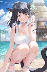 Rule 34 | 1girl, absurdres, animal ears, bare shoulders, black hair, black shorts, blush, breasts, cat ears, cat girl, cat tail, cleavage, collarbone, commentary request, commission, facial mark, final fantasy, final fantasy xiv, flower, hair flower, hair ornament, highres, holding, large breasts, looking at viewer, medium hair, miqo&#039;te, outdoors, pixiv commission, shirt, short shorts, shorts, sleeveless, squatting, tail, thighs, water, white footwear, white shirt, yana mori, yellow eyes