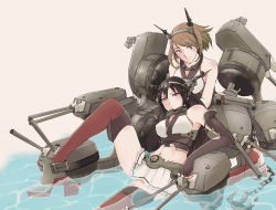 Rule 34 | 10s, bare shoulders, black hair, blush, breasts, brown hair, elbow gloves, fingerless gloves, gloves, green eyes, hair ornament, headgear, kantai collection, large breasts, long hair, miniskirt, multiple girls, mutsu (kancolle), nagato (kancolle), navel, partially submerged, personification, red eyes, red legwear, rororoon, short hair, sitting, skirt, thighhighs, water