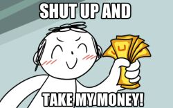 Rule 34 | 1boy, doodle sensei (blue archive), banknote, blue archive, blush, closed eyes, closed mouth, commentary, concha (mamecha), english commentary, english text, facing viewer, flat color, futurama, hand up, holding, holding money, impact (font), male focus, meme, money, parody, sensei (blue archive), shut up and take my money (meme), smile, upper body
