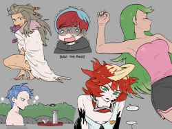 Rule 34 | 5girls, arm up, barefoot, blonde hair, blood, blood on face, blue hair, bocchi the rock!, bottle, closed eyes, coat, collar, colored eyelashes, commentary request, creatures (company), cup, cyllene (pokemon), earrings, eyelashes, freckles, game freak, gen 1 pokemon, glasses, green eyes, green hair, grey background, highres, hood, hoodie, jewelry, long hair, mallow (pokemon), mela (pokemon), mouth hold, multicolored hair, multiple girls, nintendo, nutkingcall, onsen, open mouth, parted lips, penny (pokemon), pink shirt, pokemon, pokemon legends: arceus, pokemon sm, pokemon sv, rattata, red hair, round eyewear, sada (pokemon), shaded face, shirt, short hair, shorts, speech bubble, squatting, strapless, strapless shirt, torn clothes, torn coat, tray, trembling, two-tone hair, white coat