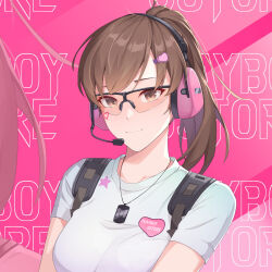 Rule 34 | 1girl, text background, backpack, bag, breasts, brown eyes, brown hair, call of duty, call of duty: mobile, carrying bag, closed mouth, clothes writing, commentary, commission, dog tags, ear protection, english commentary, english text, facial mark, hair ornament, hairclip, heart, heart facial mark, highres, jewelry, large breasts, looking at viewer, medium hair, microphone, mizushima naomi, narchiart, necklace, pink background, ponytail, shirt, safety glasses, short sleeves, solo, star (symbol), t-shirt, tinted eyewear, tsurime, upper body