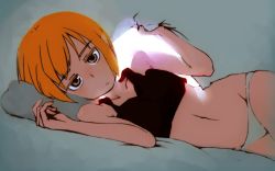 Rule 34 | 1girl, :o, backlighting, bad id, bad pixiv id, bare shoulders, bed, blanket, blonde hair, camisole, collarbone, colored eyelashes, cowboy shot, crop top, dark, erica hartmann, flat chest, indoors, lying, matching hair/eyes, navel, on bed, on side, open mouth, orange eyes, orange hair, panties, parted bangs, pillow, sakura akami, short hair, solo, strike witches, swept bangs, under covers, underwear, underwear only, white panties, world witches series