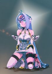 Rule 34 | 1girl, android, bare shoulders, blue eyes, blue hair, breasts, cleavage, cyborg, elbow gloves, forehead protector, gloves, kos-mos, large breasts, long hair, looking at viewer, medium breasts, red eyes, shiomi (lowrise), simple background, solo, thighhighs, very long hair, xenosaga, xenosaga episode i