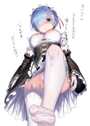 Rule 34 | 10s, 1girl, blue eyes, blue hair, breasts, cleavage, feet, from below, hair ornament, hair over one eye, headdress, large breasts, leg up, looking at viewer, maid, medium breasts, panties, pantyshot, parted lips, pov, re:zero kara hajimeru isekai seikatsu, rem (re:zero), shaded face, short hair, soles, solo, thighhighs, toes, translated, underwear, upskirt, white thighhighs