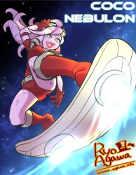 Rule 34 | 1girl, agawa ryou, alien, artist name, awesomenauts, bad id, bad tumblr id, blue eyes, boots, character name, coco nebulon, colored skin, gloves, goggles, goggles on head, hoverboard, lips, lipstick, long hair, makeup, pink hair, pink skin, red gloves, shorts, solo, space, tentacle hair, watermark, web address