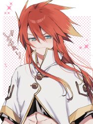 Rule 34 | 1boy, abs, black shirt, blush, buttons, closed mouth, commentary request, cropped shirt, green eyes, hair between eyes, highres, jacket, long hair, looking at viewer, luke fon fabre, male focus, mitabichan, popped collar, red hair, shirt, short sleeves, sidelocks, smile, solo, sparkle, spiked hair, tales of (series), tales of the abyss, upper body, white jacket