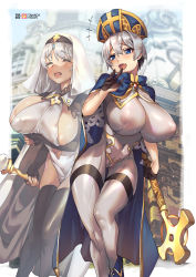 Rule 34 | +++, 2girls, blue eyes, blush, bodysuit, breasts, cleavage, cleric, closed eyes, collar, covered erect nipples, curvy, fang, fantasy, gloves, grey hair, hair between eyes, hat, highres, huge breasts, large breasts, long hair, mature female, mitre, mother and daughter, multiple girls, navel, open mouth, plump, priestess, revealing clothes, shiny clothes, short hair, skin fang, skin tight, smile, tamada heijun, thick thighs, thighhighs, thighs, uzaki-chan wa asobitai!, uzaki hana, uzaki tsuki, wide hips