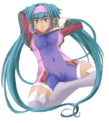 Rule 34 | 00s, 1girl, aqua eyes, aqua hair, arm up, blue (ao maru), blue hair, blush, bodysuit, boots, breasts, cameltoe, covered navel, crop top, dutch angle, eyebrows, frown, full body, giant, giantess, grey footwear, grey thighhighs, hair intakes, hand up, headband, impossible clothes, klan klein, large breasts, long hair, long sleeves, looking at viewer, macross, macross frontier, meltrandi, perky breasts, pointy ears, simple background, skin tight, sleeve cuffs, solo, spandex, spread legs, thick eyebrows, thigh boots, thighhighs, twintails, unitard, very long hair, white background, zentradi, zettai ryouiki