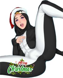 Rule 34 | 1girl, christmas, female focus, formal, hijab, hijabolic, open mouth, purple eyes, see-through, simple background, spread legs, suit