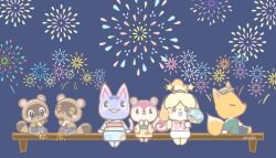 3boys 3girls ^_^ alternate_costume animal_crossing animal_ears apron aqua_sash asakoline barefoot bell black_eyes blue_apron blue_background blue_kimono blue_pants blush_stickers brothers brown_hat cabbie_hat cat_ears cat_girl cat_tail character_request child clenched_hands closed_eyes collared_shirt commentary_request dog_ears dog_girl fireworks floppy_ears floral_print fox_boy fox_ears fox_tail furry furry_female furry_male green_jacket hair_bell hair_ornament hair_tie hairpin hand_fan happy hat hawaiian_shirt high_ponytail holding holding_fan holding_fireworks isabelle_(animal_crossing) jacket japanese_clothes kimono long_sleeves medium_skirt multiple_boys multiple_girls night nintendo no_mouth obi on_bench open_clothes open_jacket open_mouth outdoors own_hands_together pants pink_shirt ponytail raccoon_boy raccoon_ears raccoon_tail red_sash redd_(animal_crossing) sash shirt short_ponytail siblings signature simple_background sitting skirt smile snout sparkle squirrel_ears squirrel_girl squirrel_tail star_(symbol) star_hair_ornament tail timmy_(animal_crossing) tommy_(animal_crossing) tuanshan twins waist_apron white_shirt white_skirt wide_sleeves yellow_kimono yukata