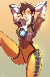 Rule 34 | 1girl, bodysuit, bomber jacket, brown eyes, brown hair, goggles, gradient background, highres, imdsound, jacket, looking at viewer, matching hair/eyes, orange bodysuit, overwatch, overwatch 1, short hair, solo, spiked hair, tracer (overwatch)