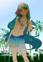 Rule 34 | 10s, 1girl, akb0048, bikini, blue eyes, blue hair, blush, breasts, cleavage, day, flower, front-tie top, hair flower, hair ornament, highres, legs, lens flare, long hair, matching hair/eyes, nawoko, outstretched hand, sarong, sky, small breasts, solo, sono chieri, swimsuit, very long hair