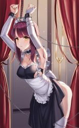 Rule 34 | 1girl, aliceblue, apron, armpits, arms up, bare shoulders, black dress, breasts, bridal gauntlets, chain, choker, cleavage, collarbone, cowboy shot, cuffs, curtains, dress, frilled choker, frilled dress, frills, frown, handcuffs, highres, indoors, large breasts, long hair, looking at viewer, maid, maid apron, original, panties, red hair, restrained, skindentation, sleeveless, sleeveless dress, solo, standing, thighhighs, thighs, underwear, v-shaped eyebrows, waist apron, white panties, white thighhighs, yellow eyes