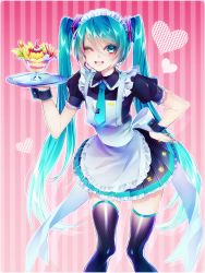 Rule 34 | 1055, 1girl, ;d, alternate costume, apron, black shirt, black skirt, black thighhighs, blue eyes, blue hair, blue nails, blue necktie, enmaided, floating hair, frilled sleeves, frills, hand on own hip, hatsune miku, headset, highres, holding, holding plate, leaning forward, long hair, maid, maid headdress, microphone, miniskirt, nail polish, necktie, one eye closed, open mouth, pink background, plate, pleated skirt, shirt, short sleeves, skirt, smile, solo, standing, striped, striped background, thighhighs, twintails, very long hair, vocaloid, white apron, wrist cuffs, zettai ryouiki