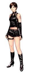 Rule 34 | 1girl, absurdres, black footwear, black gloves, black shorts, boots, brown hair, choker, dagger, elbow gloves, fingerless gloves, full body, gloves, high heel boots, high heels, highres, holster, knife, looking to the side, midriff, mori toshiaki, non-web source, rebecca chambers, resident evil, resident evil 0, sheath, sheathed, short hair, short shorts, shorts, shoulder holster, simple background, solo, weapon, white background
