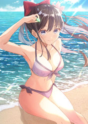 Rule 34 | 1girl, arm up, armpits, bad id, bad pixiv id, bare arms, bare shoulders, beach, bikini, black hair, blue eyes, bow, breasts, cleavage, collarbone, day, floating hair, front-tie bikini top, front-tie top, hair bow, halterneck, highres, holding, horizon, koh rd, large breasts, long hair, looking at viewer, navel, ocean, original, outdoors, purple bikini, side-tie bikini bottom, sidelocks, sitting, smile, solo, stomach, sunlight, swimsuit, thighs, water