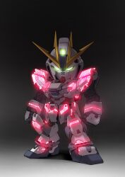 Rule 34 | absurdres, arms at sides, chibi, clenched hands, full body, glowing, glowing eyes, gradient background, green eyes, gundam, gundam narrative, highres, looking at viewer, making-of available, mecha, mobile suit, narrative gundam, narrative gundam c-packs, no humans, nt-d, robot, science fiction, sd gundam, shadow, solo, standing, v-fin, zakuma