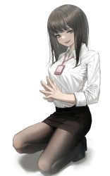 Rule 34 | 1girl, absurdres, black footwear, black hair, black pantyhose, black skirt, breast pocket, breasts, brown eyes, collared shirt, eyelashes, full body, highres, hwoi (hw 123), id card, long hair, looking at viewer, medium breasts, mole, mole under eye, office lady, original, pantyhose, parted lips, pencil skirt, pocket, shirt, simple background, skirt, solo, squatting, steepled fingers, teeth, thighs, upper teeth only, white background, white shirt