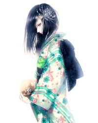 Rule 34 | 1girl, black hair, floral print, flower, hair flower, hair ornament, hair over one eye, highres, japanese clothes, kimono, original, skull, solo, tears, white background, yoshimune (b12f)