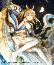 Rule 34 | 10s, 1girl, barefoot, blonde hair, blue eyes, jewelry, lots of jewelry, moon, on crescent, priestess of the moon, shingeki no bahamut, sitting on moon, sky, ss39, star (sky), starry sky, toeless legwear, toes, twintails