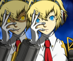 Rule 34 | 1girl, aegis (persona), android, blonde hair, blue eyes, dark persona, face, hand on own face, kamui sathi, necktie, persona, persona 3, persona 4: the ultimate in mayonaka arena, short hair, solo, yellow eyes