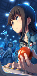 Rule 34 | &gt; &lt;, 4girls, :&lt;, aikawa aika, alice gear aegis, badge, belt, blue eyes, blue jacket, blush, brown hair, closed mouth, commentary request, controller, denim, doll, dress, eyebrows hidden by hair, fan b, game controller, gamepad, glowstick, headband, heart, heart in mouth, highres, ichijou ayaka, jacket, jeans, koashi mutsumi, multiple girls, open mouth, orange hair, pants, pinakes, pressing, purple hair, red dress, stage lights, sweat, tears, twintails, yellow dress, yellow eyes