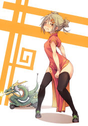 Rule 34 | 1girl, :t, between legs, black footwear, black thighhighs, blush, breasts, brown eyes, china dress, chinese clothes, closed mouth, double bun, dress, fighting stance, fu-ta, full body, hair bun, hair ornament, hairclip, hand between legs, highres, light brown hair, looking at viewer, nose blush, original, pout, red dress, shoelaces, shoes, short hair, short sleeves, side slit, simple background, small breasts, sneakers, solo, thighhighs, thighs, two-tone background, usami taiga, vehicle