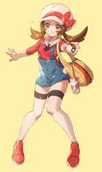 Rule 34 | 1girl, ankea (a-ramo-do), blue shorts, bow, brown eyes, brown hair, closed mouth, collarbone, creatures (company), floating hair, full body, game freak, hair bow, hat, highres, holding, holding poke ball, long hair, lyra (pokemon), nintendo, outstretched arm, poke ball, poke ball (basic), pokemon, pokemon hgss, red bow, red footwear, red shirt, shirt, short shorts, shorts, simple background, smile, solo, standing, suspender shorts, suspenders, thighhighs, white hat, white thighhighs, yellow background