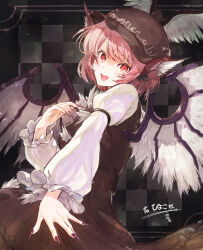 Rule 34 | 1girl, :d, animal ears, arm garter, bird ears, bird wings, blush, brooch, brown dress, brown hat, checkered background, commission, dress, eyelashes, feathers, fingernails, frilled sleeves, frills, green nails, hair between eyes, hands up, hat, hisona (suaritesumi), jewelry, long fingernails, long sleeves, looking at viewer, mystia lorelei, nail polish, open mouth, pink hair, puffy long sleeves, puffy sleeves, red eyes, sharp fingernails, sidelocks, simple background, skeb commission, smile, solo, standing, touhou, upper body, wings
