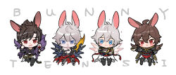 Rule 34 | 4boys, ahoge, animal ears, armor, belial (granblue fantasy), blue eyes, blush stickers, brown hair, chibi, colored eyelashes, commentary, commentary request, cup, empty eyes, english text, expressionless, feather boa, feathered wings, full body, furrowed brow, granblue fantasy, grin, hair between eyes, holding, holding cup, hood, kemonomimi mode, light smile, lucifer (shingeki no bahamut), lucilius (granblue fantasy), male focus, messy hair, multiple boys, pale skin, rabbit ears, red eyes, sandalphon (granblue fantasy), scar, scar on neck, short hair, smile, spiked hair, tekki (tki), topless male, white background, white hair, wings