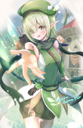 Rule 34 | 1girl, absurdres, aoi (princess connect!), bare shoulders, beret, bow (weapon), chokomin, clover ornament, cowboy shot, detached sleeves, elf, feathers, green hair, green hat, green scarf, green shirt, green shorts, green sleeves, hair over one eye, hat, hat feather, highres, holding, holding bow (weapon), holding weapon, looking at viewer, open mouth, outstretched hand, pointy ears, princess connect!, puffy shorts, quiver, scarf, shirt, shorts, signature, sleeveless, sleeveless shirt, smile, solo, two-tone shirt, weapon, white feathers, white shirt, yellow eyes