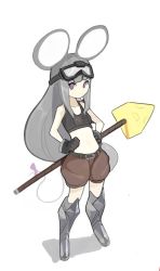 Rule 34 | 1girl, animal ears, belt, black gloves, boots, bow, brown shorts, cheese, crop top, doremi, food, full body, gloves, goggles, goggles on head, grey hair, hands on own hips, long hair, looking at viewer, low-tied long hair, midriff, mouse ears, mouse tail, navel, original, pink bow, pink eyes, shorts, simple background, solo, standing, tail, tail bow, tail ornament, very long hair, white background
