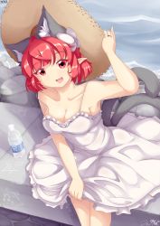 Rule 34 | 1girl, :d, alternate hair length, alternate hairstyle, animal ears, arm up, bare arms, bottle, breasts, cat ears, cat girl, cat tail, cleavage, collarbone, dress, extra ears, fang, female focus, glint, hat, holding, holding hat, jewelry, kaenbyou rin, looking at viewer, multiple tails, neck, nekomata, off shoulder, open mouth, psychopath idiot, red eyes, red hair, ring, short hair, sitting, sleeveless, sleeveless dress, smile, solo, strap slip, straw hat, tail, touhou, two tails, white dress