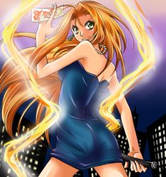 Rule 34 | 1girl, aracco, bare shoulders, dress, earrings, ghost sweeper mikami, green eyes, jewelry, looking back, mikami reiko, necklace, ofuda, orange hair, smile, solo, strapless, strapless dress, tube dress