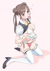 Rule 34 | 1girl, absurdres, bikini, bikini top only, black footwear, blouse, bow, bowtie, breasts, brown eyes, brown hair, choker, cleavage, clothes lift, commentary request, condom, condom in mouth, condom wrapper, dorontabi, double bun, hair bun, high heels, highres, idolmaster, idolmaster shiny colors, kneeling, large breasts, long hair, looking at viewer, mouth hold, panties, pink background, pink panties, puffy short sleeves, puffy sleeves, pumps, school uniform, shirt, short sleeves, skirt, skirt lift, solo, sonoda chiyoko, string panties, swimsuit, thighhighs, twintails, underwear, white bikini, white thighhighs, yellow bow, yellow bowtie