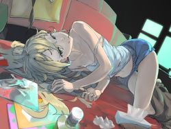 Rule 34 | 10s, 1girl, bare shoulders, blonde hair, box, brown eyes, camisole, collarbone, female focus, food, head tilt, highres, koujiro frau, lips, long hair, lying, navel, on side, open mouth, paper, parted lips, pocky, robotics;notes, short shorts, shorts, smile, solo, strap slip, sweets, tagaya6592, teeth, thighs, tissue, tissue box, twintails, yellow eyes