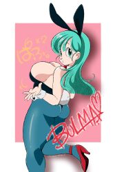 Rule 34 | 1girl, absurdres, animal ears, ass, blue eyes, blue hair, blue pantyhose, breasts, bulma, cleavage, closed mouth, collar, dated, detached collar, dragon ball, dragon ball (classic), fake animal ears, fake tail, high heels, highres, large breasts, leotard, long hair, looking at viewer, pantyhose, playboy bunny, rabbit ears, rabbit tail, red footwear, solo, strapless, strapless leotard, suzusato rinka, tail, white collar, white wrist cuffs, wrist cuffs